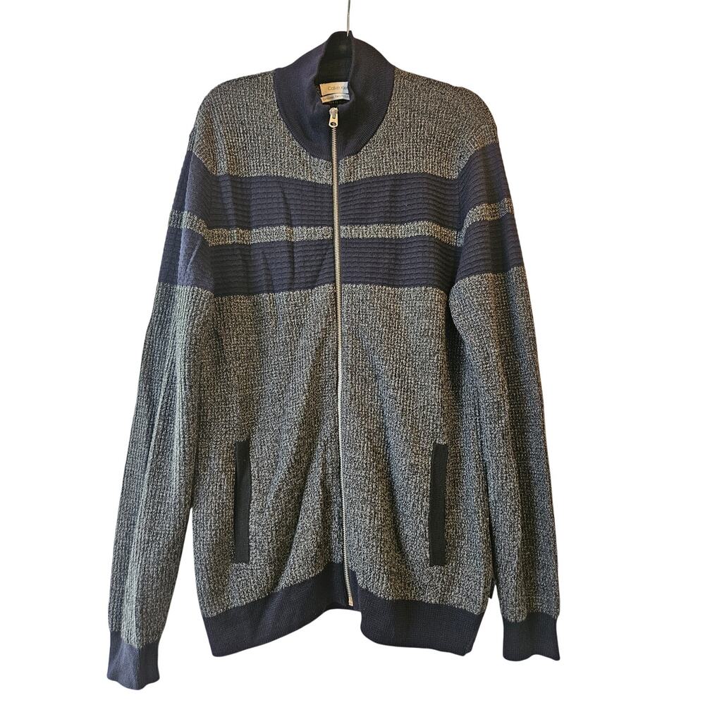 Calvin Klein Merino Wool Blend Zip Sweater Mens XL Gray Stripe Knit